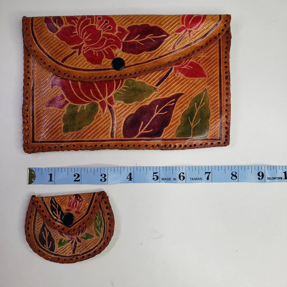 Leather Embossed Tooled Clutch Coin Purse 2pc Set Brown Tan Handmade Boho - Picture 8 of 9